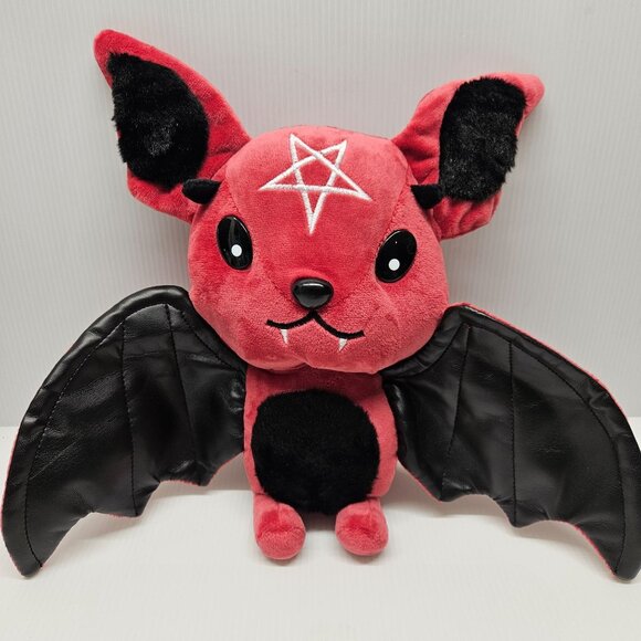 Red Goth Bat Plush Toy With Star Embroidery and Black Leatherette Wings - Picture 1 of 5
